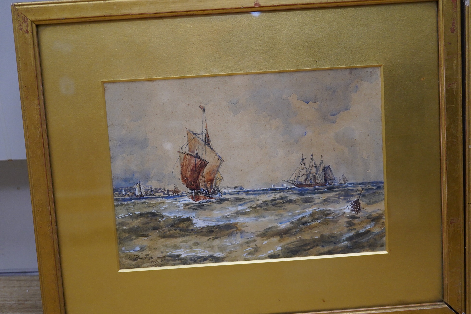 Ernest Railton (19th. C), pair of heightened watercolours, Shipping scenes including ‘Off Dover’, each signed and dated 1909, 16.5 x 24cm, gilt framed. Condition - poor to fair